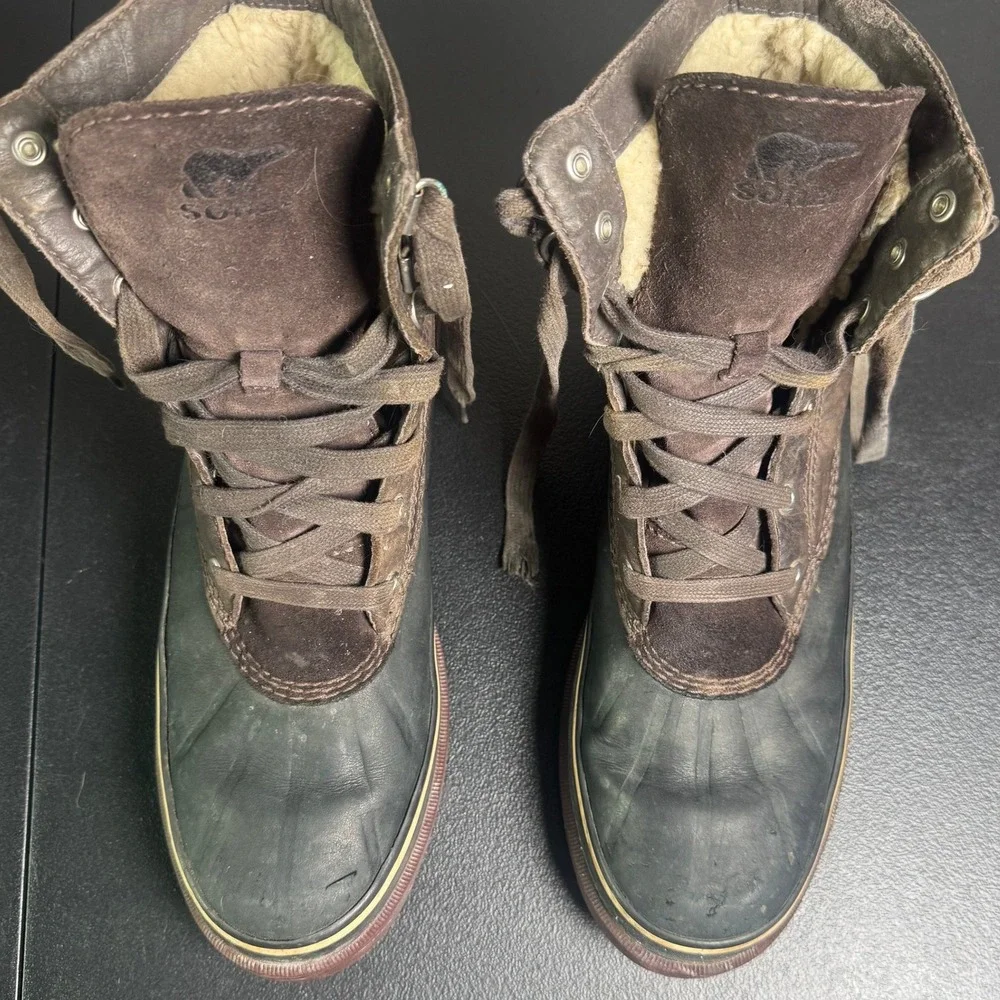 Sorel Caribou Storm Mens Waterproof Leather Duck Boots Brown Black Lug Sole 10